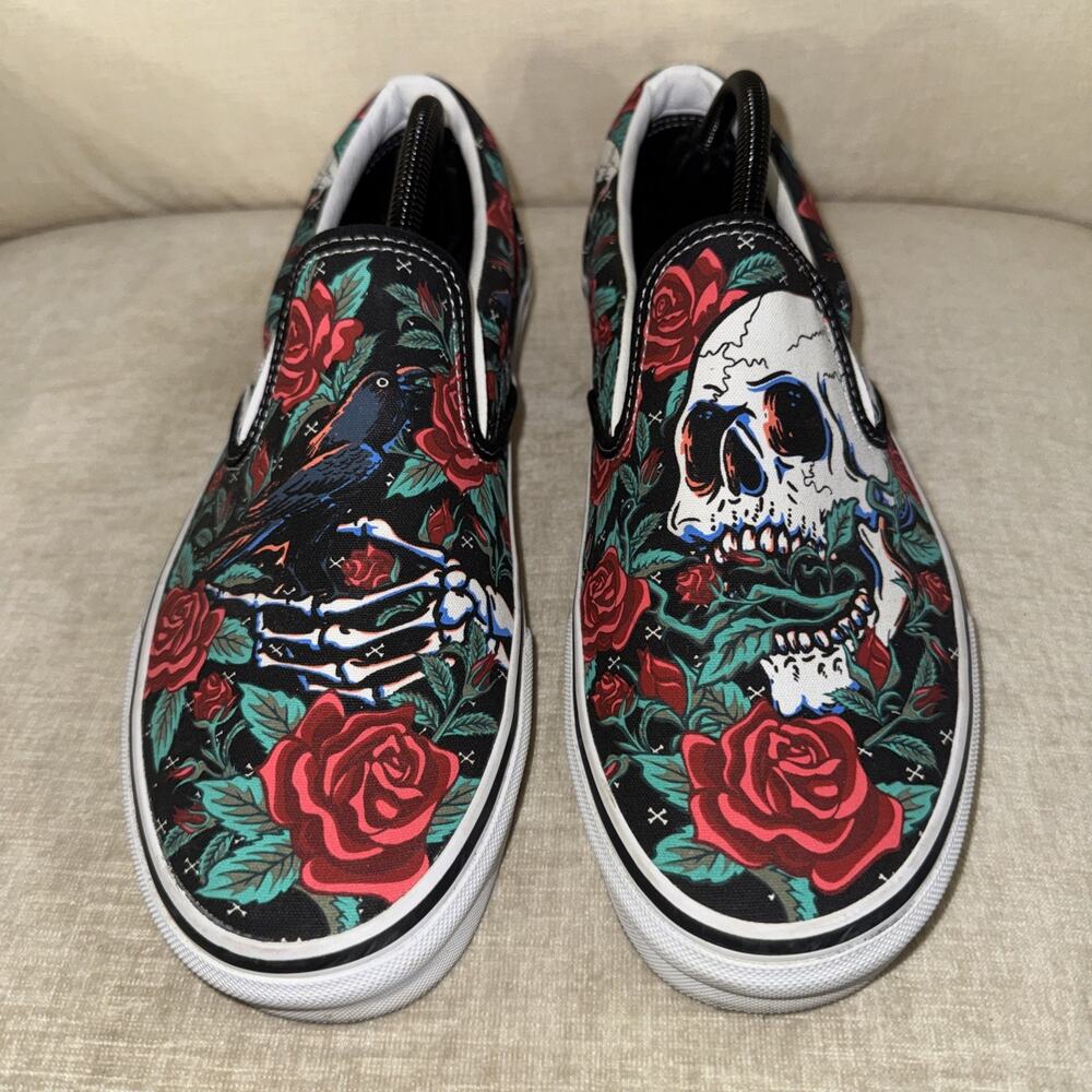 Vans Classic Slip-on Rose Skull Black/true White Men’s 10.5 - Picture 6 of 8